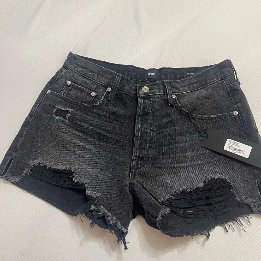 NWT Edwin Cai 4” Inseam Irony Destroyed Black Denim Shorts Size 32 New
